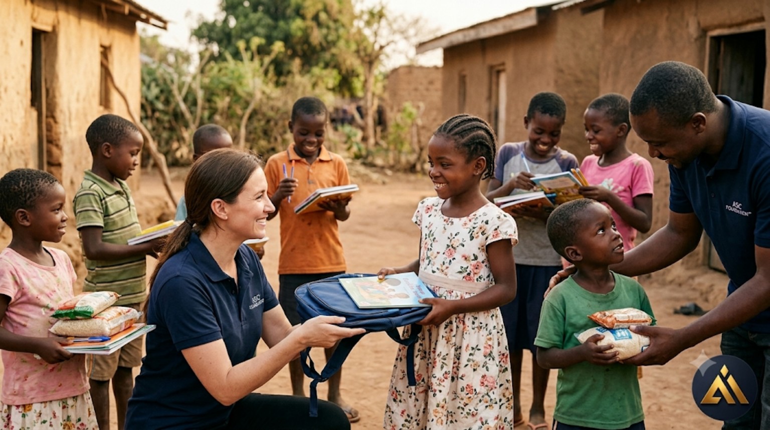 Children receiving educational supplies and essential provisions during a humanitarian assistance moment.